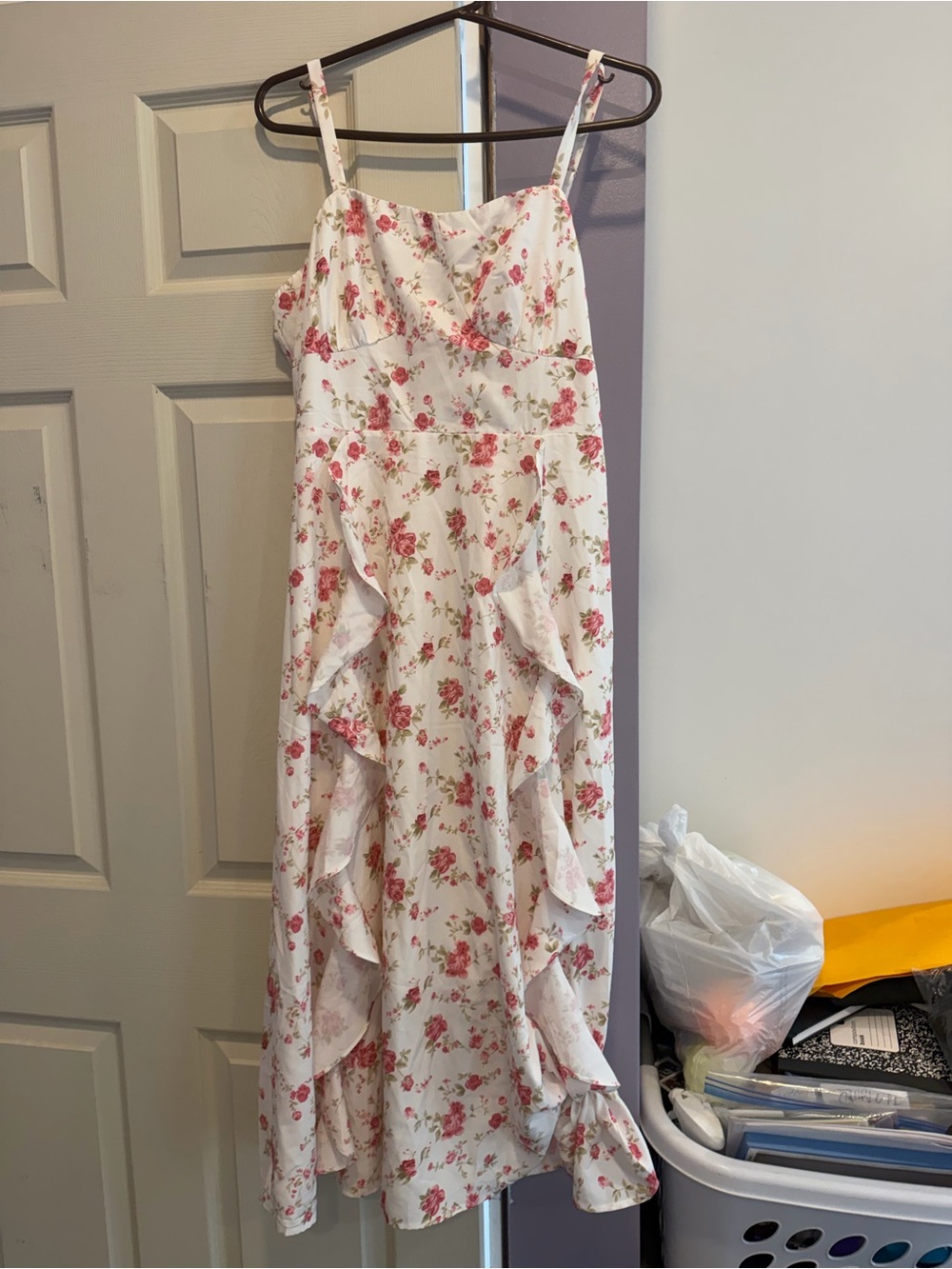 White Floral Ruffle Midi Dress with Pink Roses
